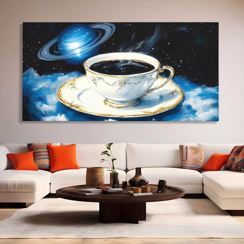 Tablou canvas cu tablou canvas cu ceasca si planeta, fara rama, pe sasiu de lemn, pe perete intr-un living